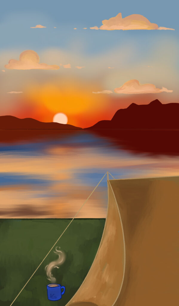 camping, sunset, cosy, cozy, tent, lake setting