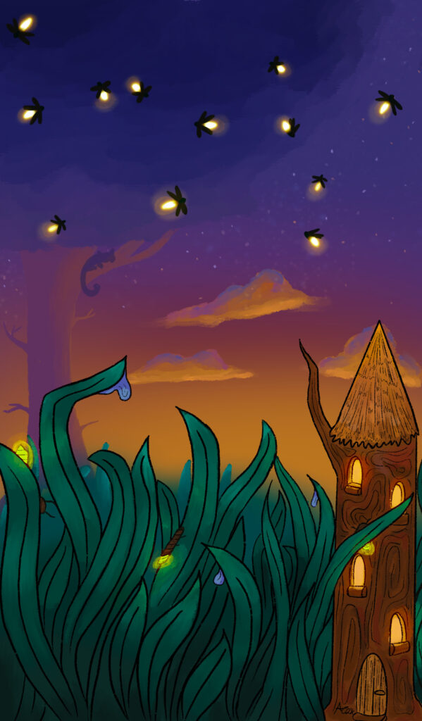 Dusk setting, glowworms, fireflies, insects, blues, oranges, greens, browns, nature