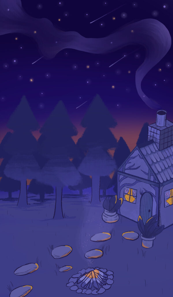 stars, cabin, forest, woods, purple, blues, late night, midnight